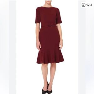 eShakti Red Belted Midi Dress
